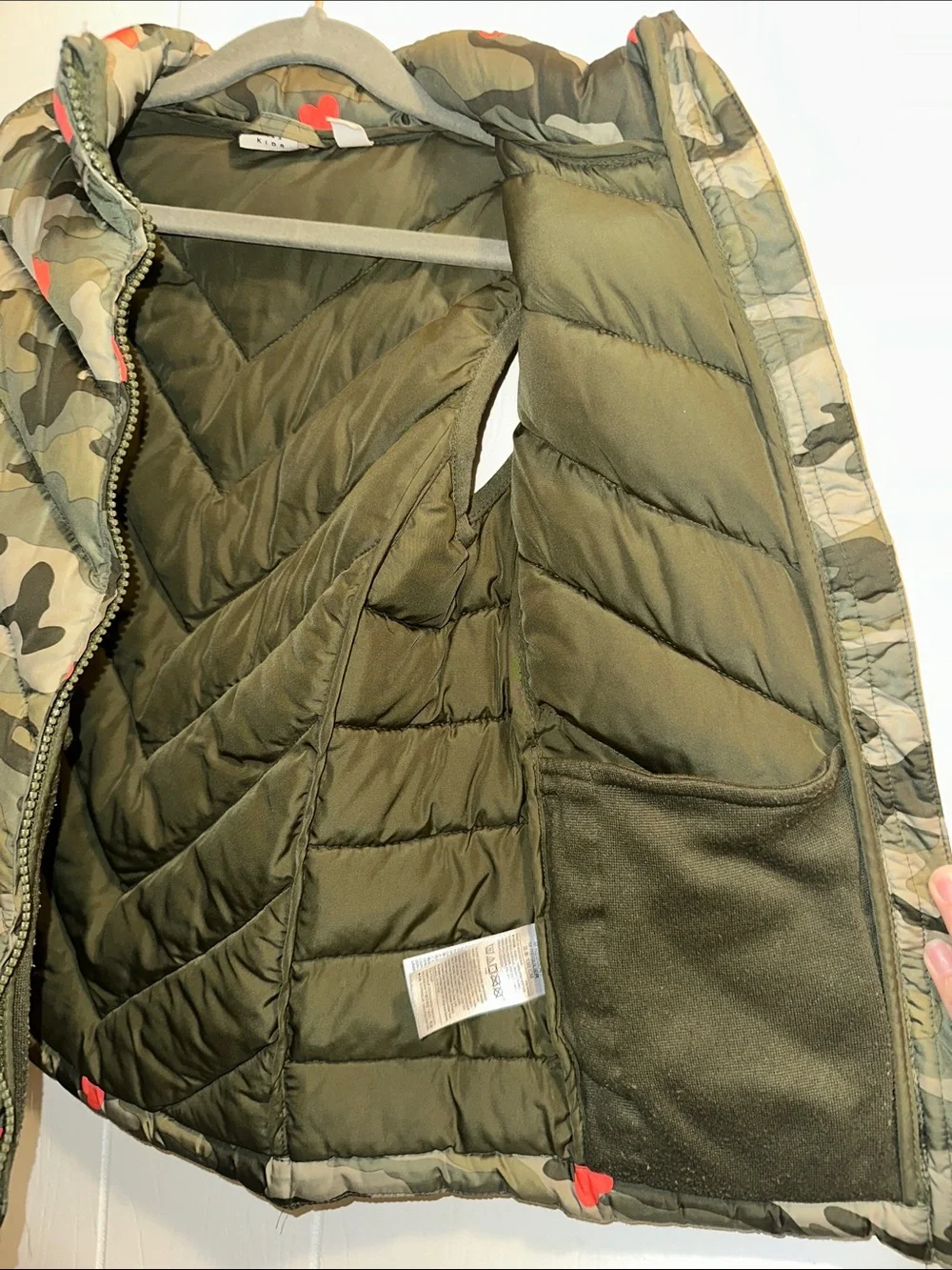 GAP Olive Green Camo Puffer Vest with Red Heart Accents